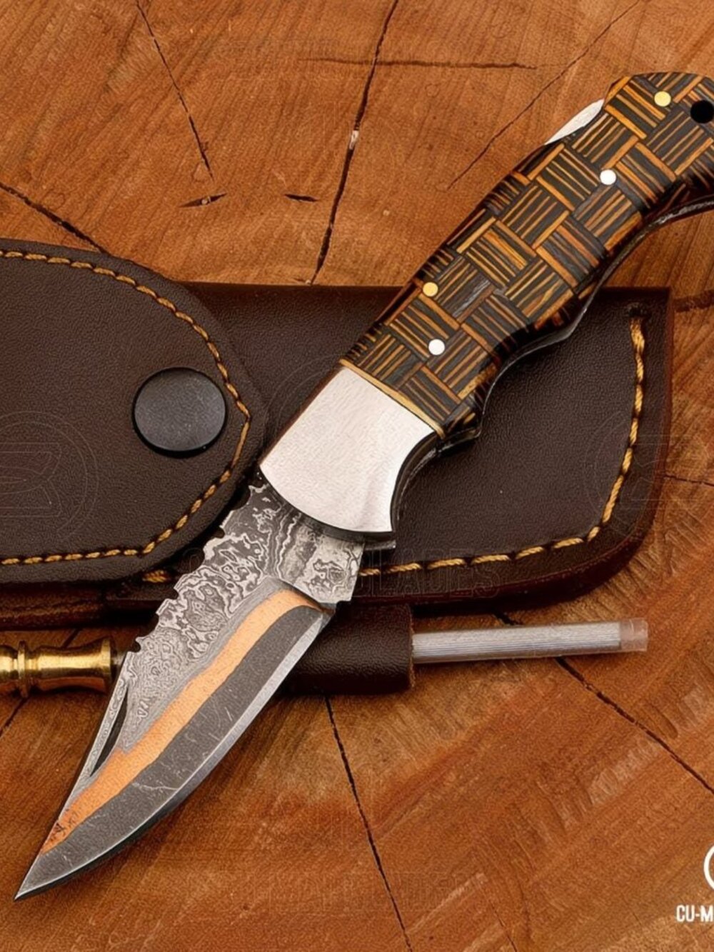 Handcrafted Copper Damascus Steel Folding Knife with Camel Bone and Bull Handle